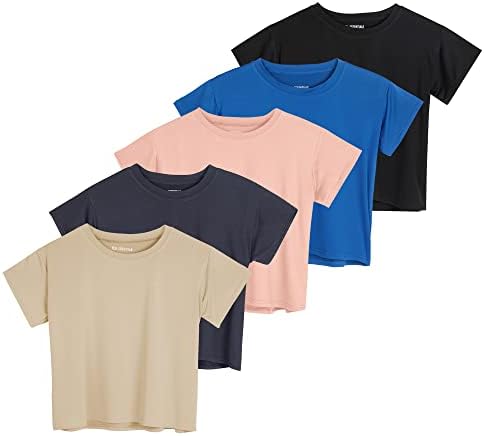 Real Essentials 5 Pack: Women’s Dry Fit Crop Top – Short Sleeve Crew Neck Stretch Athletic Tee (Available in Plus Size)